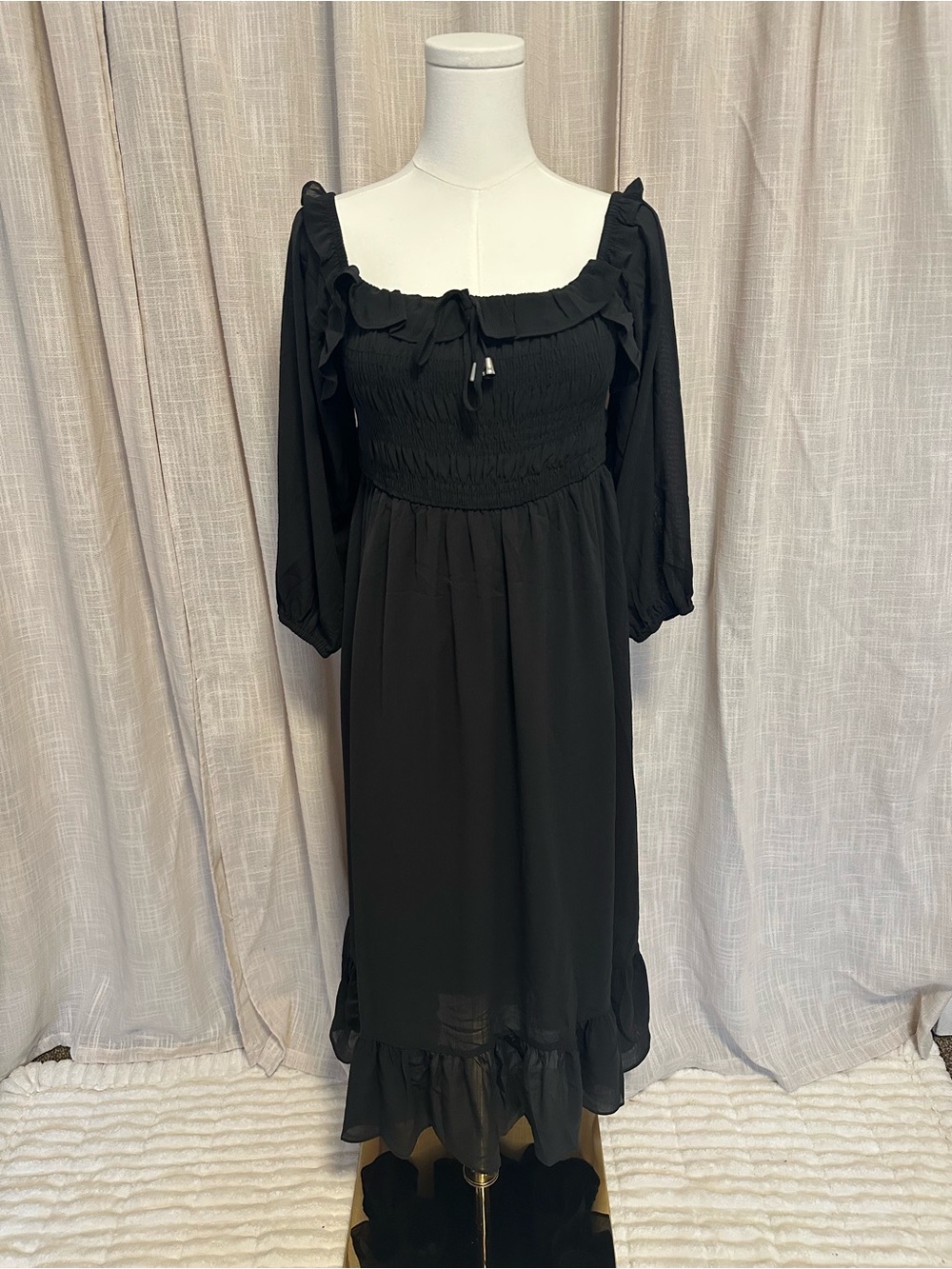 Black Ruffle-Trim Smocked Dress